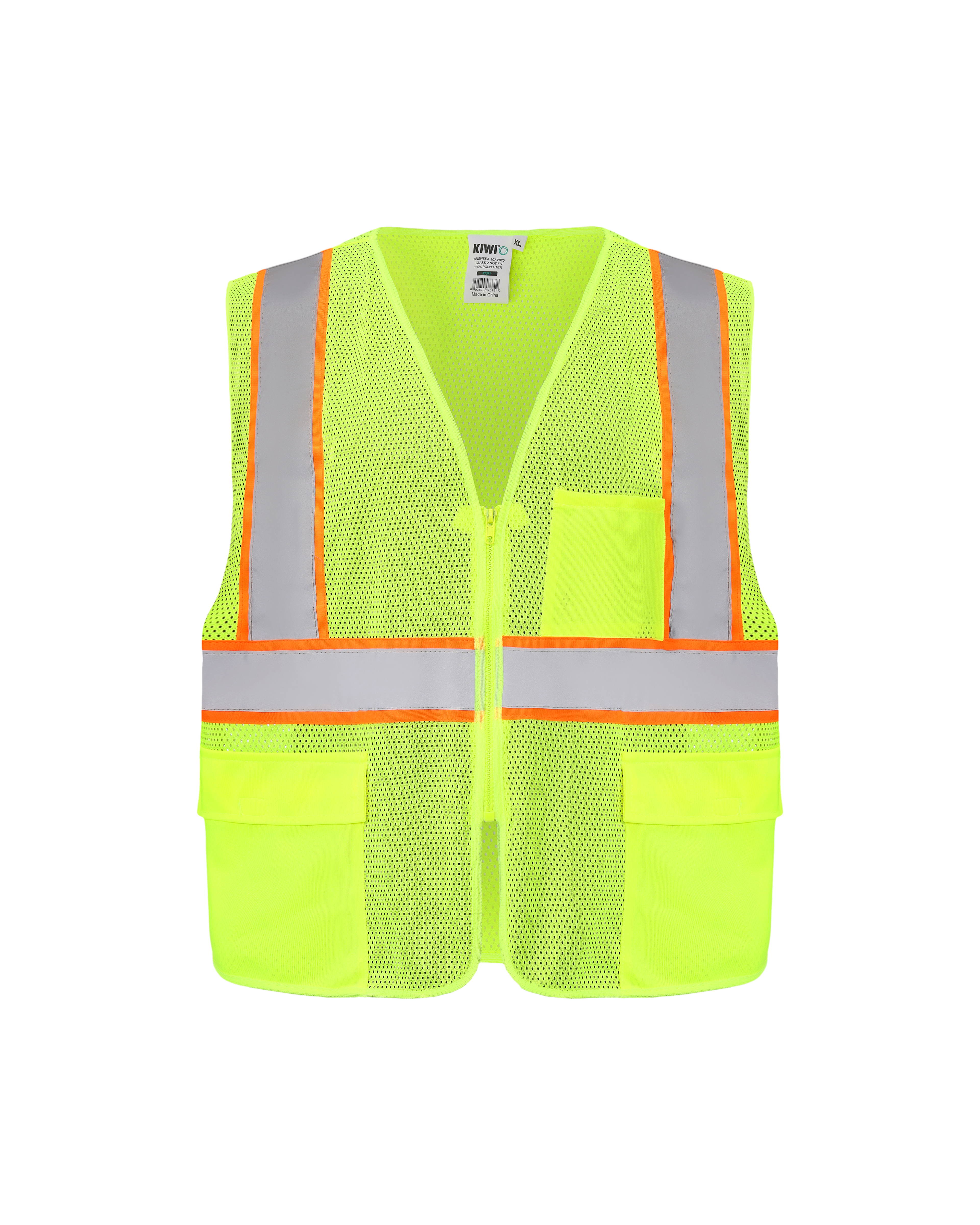 Kiwi High Visibility ANSI/ISEA 107-2020, Type R, Class 2 Contrast Trimmed Neon Safety Vest [70100]